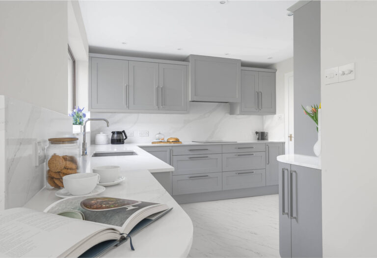 Curved Kitchen in Callerton Grey with quartz worktops